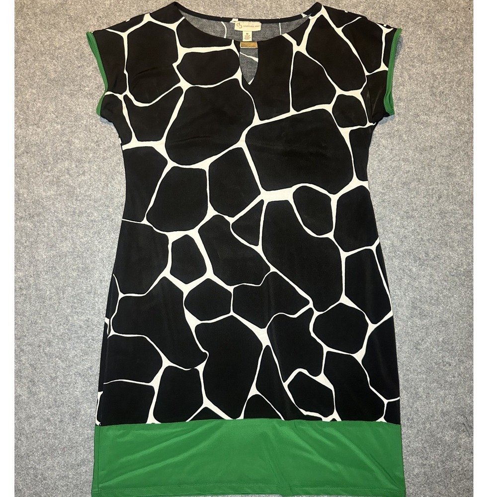 C&B Christopher & Banks Giraffe Print Shift Dress M Black Green Keyhole Neck